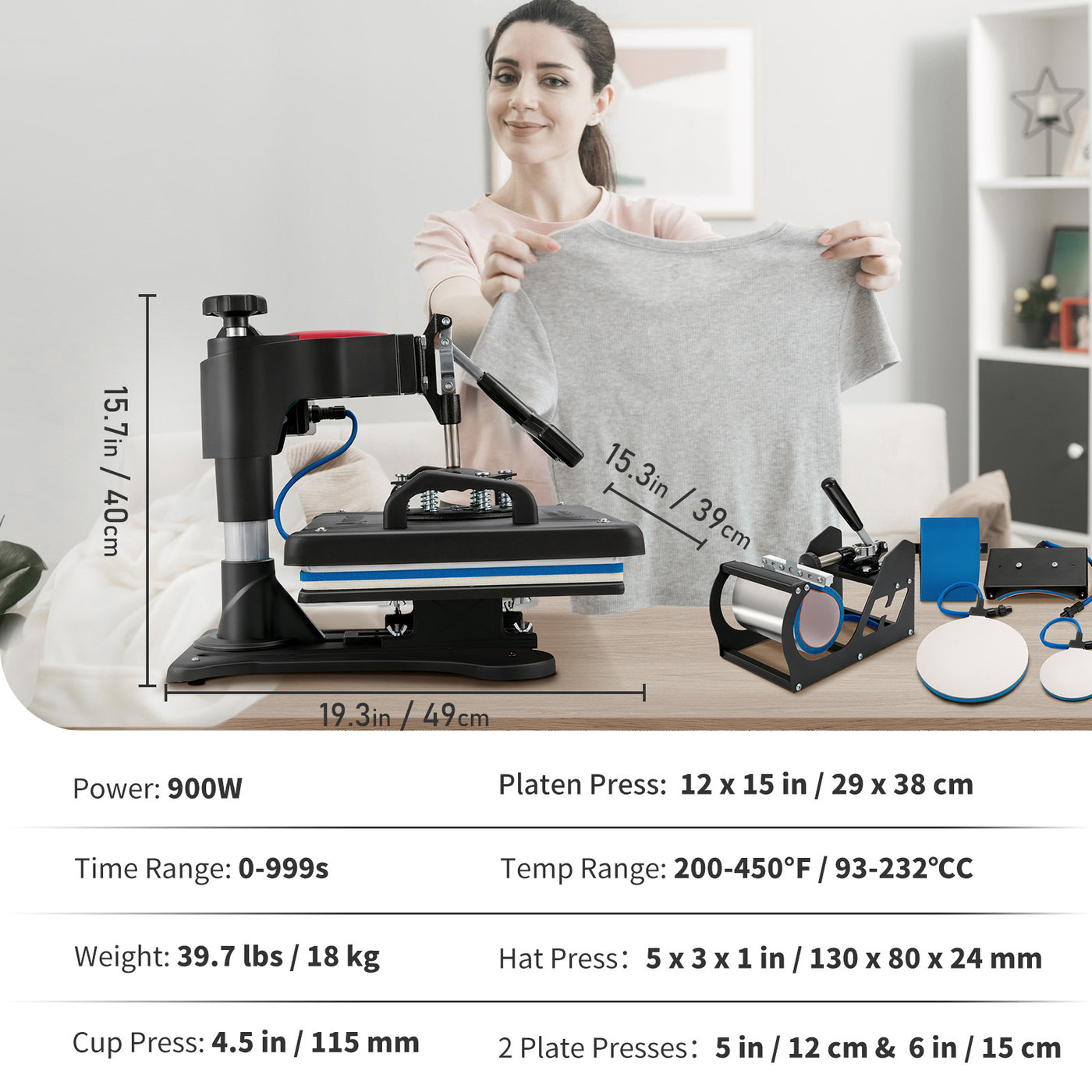 Prensa térmica VEVOR, máquina de prensado térmico 5 en 1, 12 x 15, impresora de transferencia por sublimación con tapa abatible